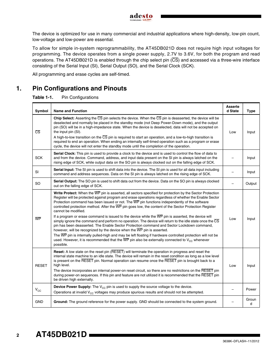 Pin configurations and pinouts | Rainbow Electronics AT45DB021D User Manual | Page 2 / 48