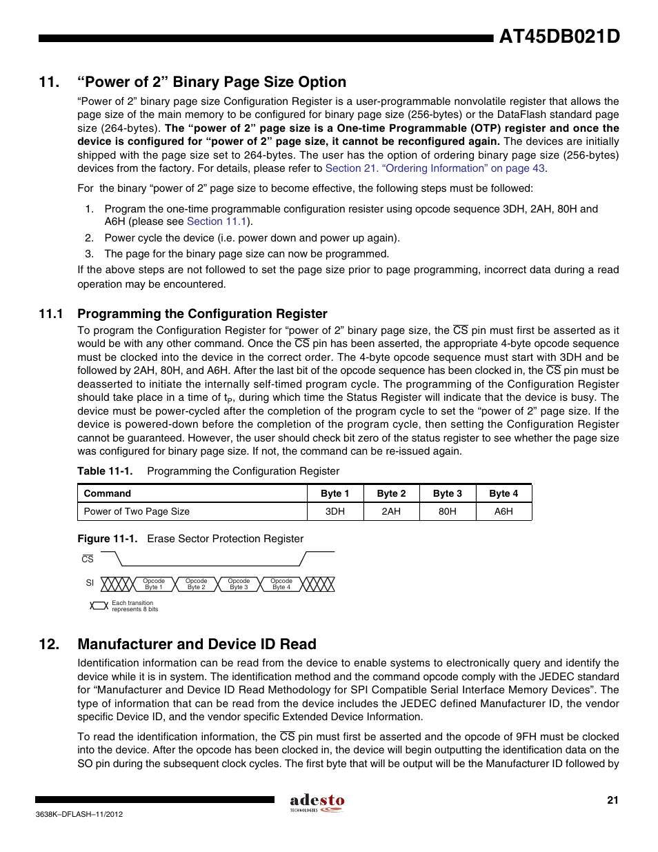 1 programming the configuration register, Manufacturer and device id read, “power of 2” binary page size option | Rainbow Electronics AT45DB021D User Manual | Page 21 / 48