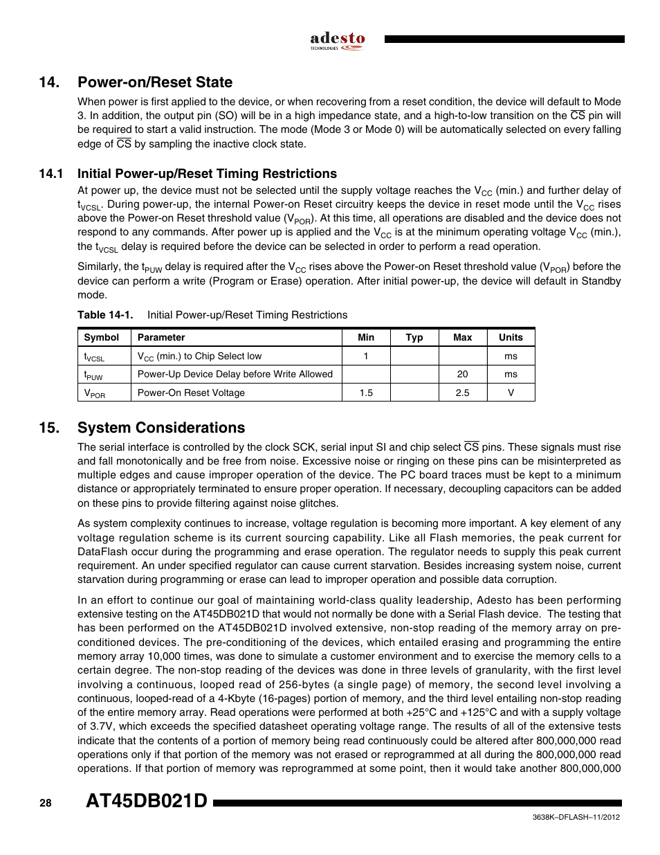 Power-on/reset state, 1 initial power-up/reset timing restrictions, System considerations | Rainbow Electronics AT45DB021D User Manual | Page 28 / 48