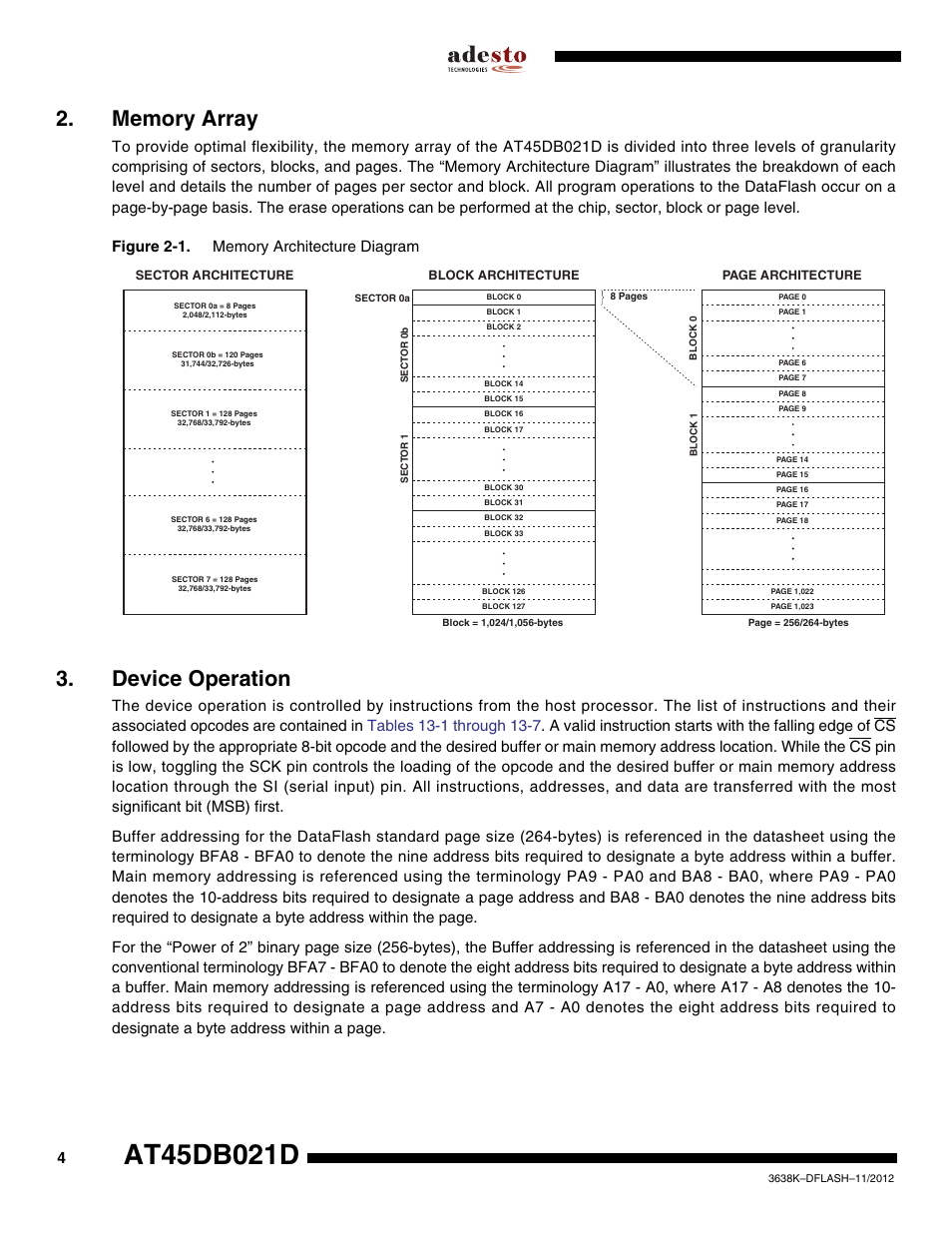 Memory array, Device operation | Rainbow Electronics AT45DB021D User Manual | Page 4 / 48