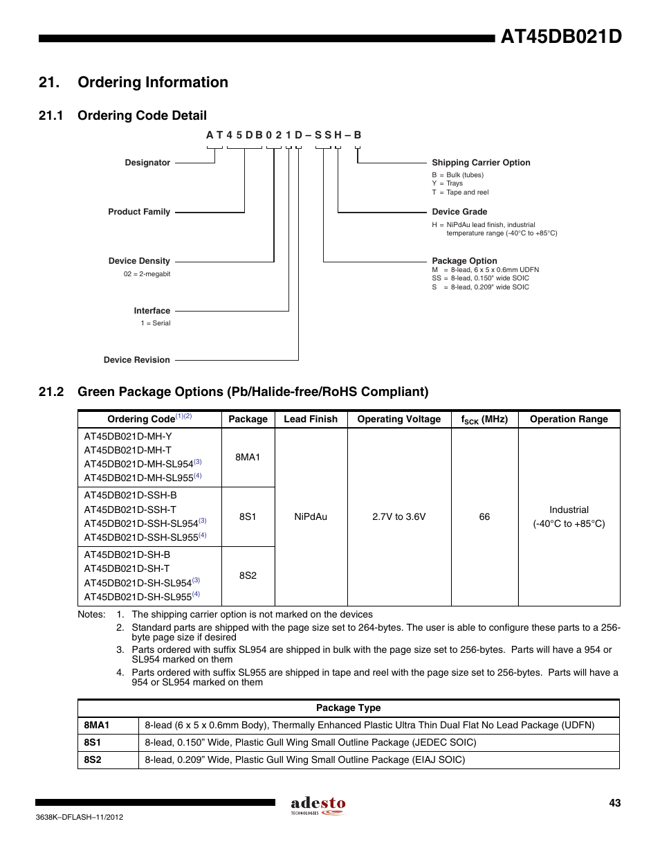 Ordering information, 1 ordering code detail | Rainbow Electronics AT45DB021D User Manual | Page 43 / 48