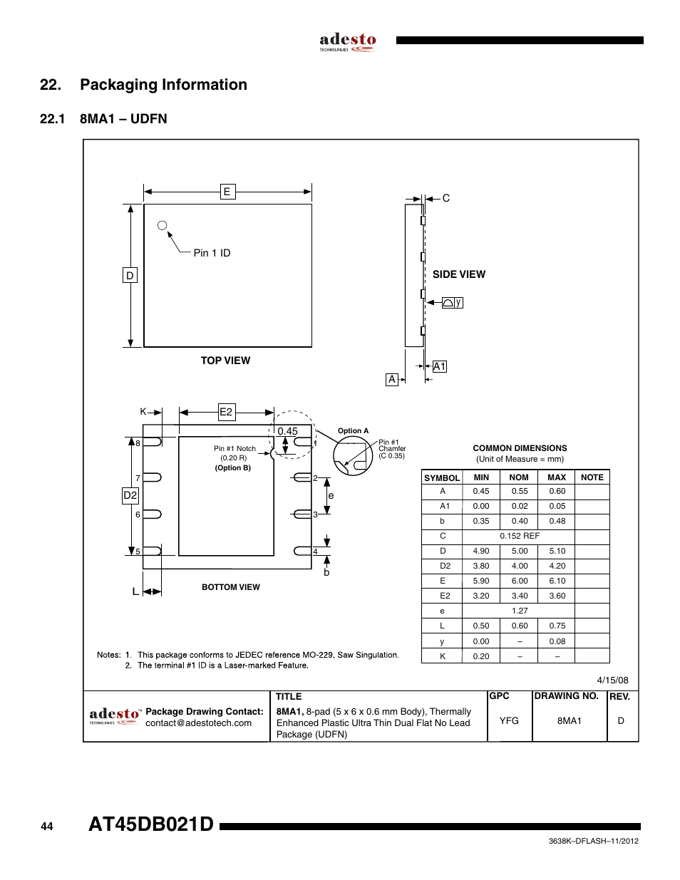 Packaging information, 1 8ma1 – udfn | Rainbow Electronics AT45DB021D User Manual | Page 44 / 48