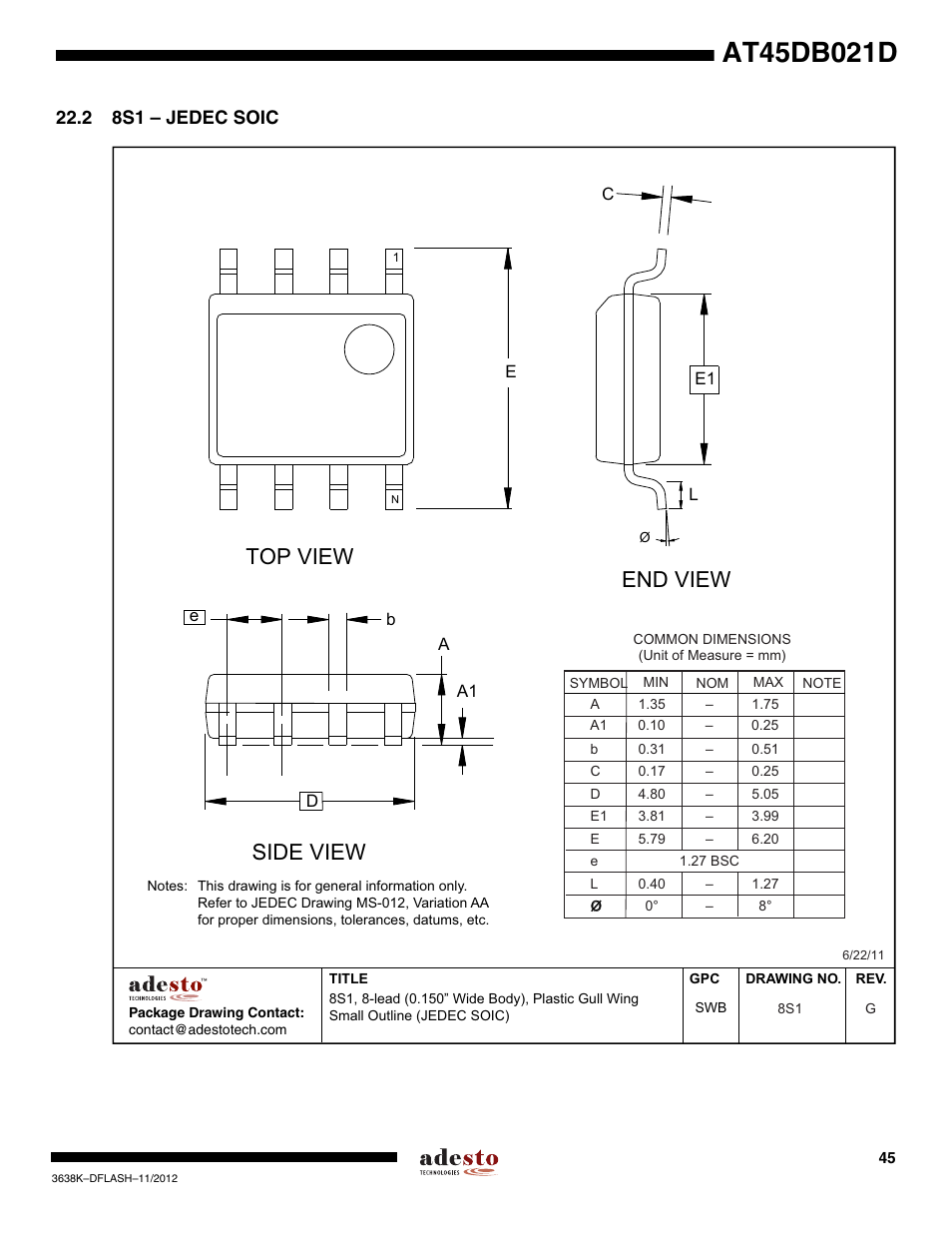 2 8s1 – jedec soic, Top view, End view | Side view | Rainbow Electronics AT45DB021D User Manual | Page 45 / 48