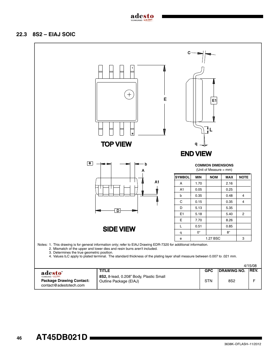 3 8s2 – eiaj soic, Top view, End view | Side view | Rainbow Electronics AT45DB021D User Manual | Page 46 / 48
