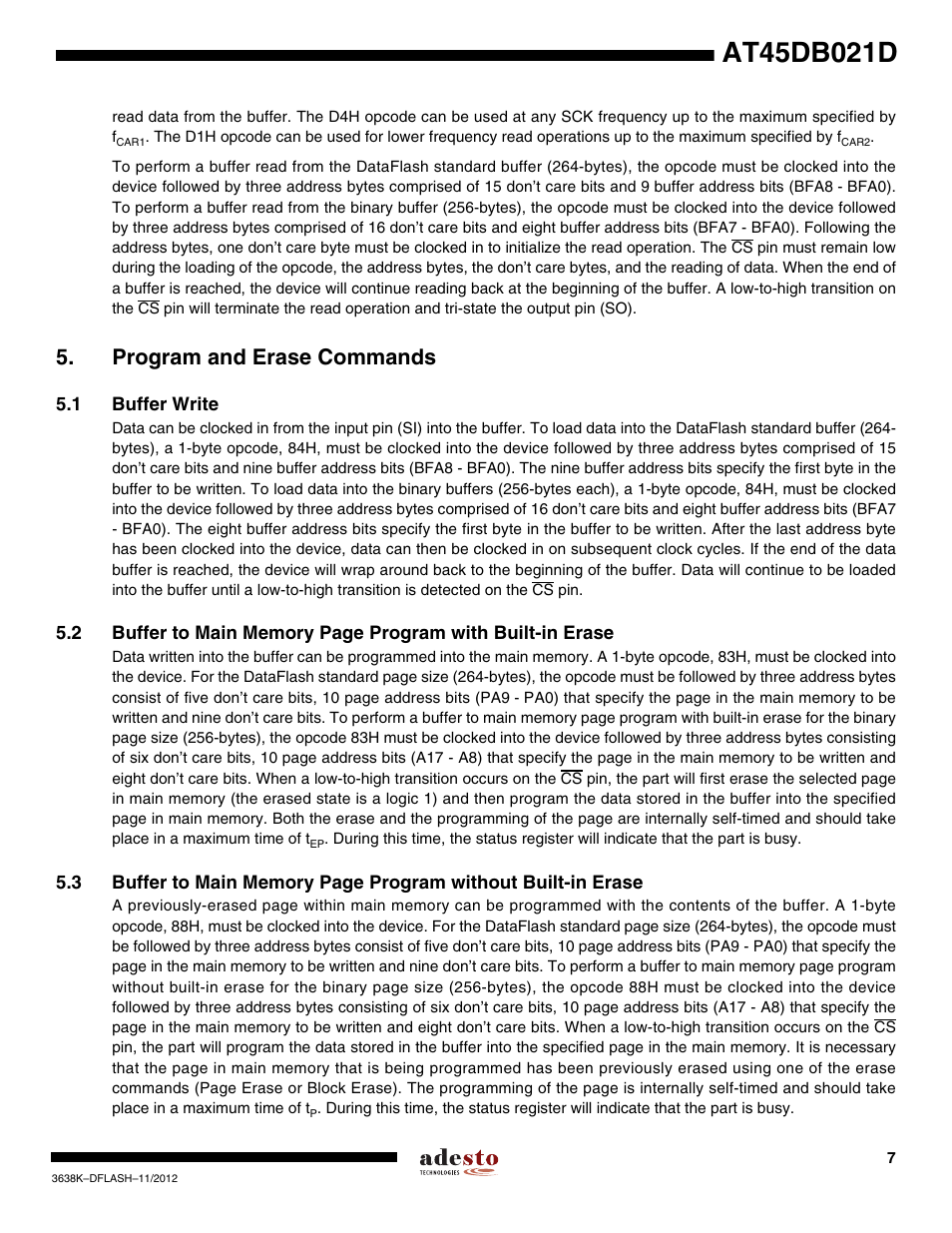 Program and erase commands, 1 buffer write | Rainbow Electronics AT45DB021D User Manual | Page 7 / 48