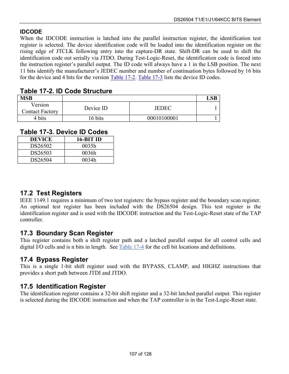 Test registers, Boundary scan register, Bypass register | Identification register, Egisters, Oundary, Egister, Ypass, Dentification, Table 17-2. id code structure | Rainbow Electronics DS26504 User Manual | Page 107 / 128