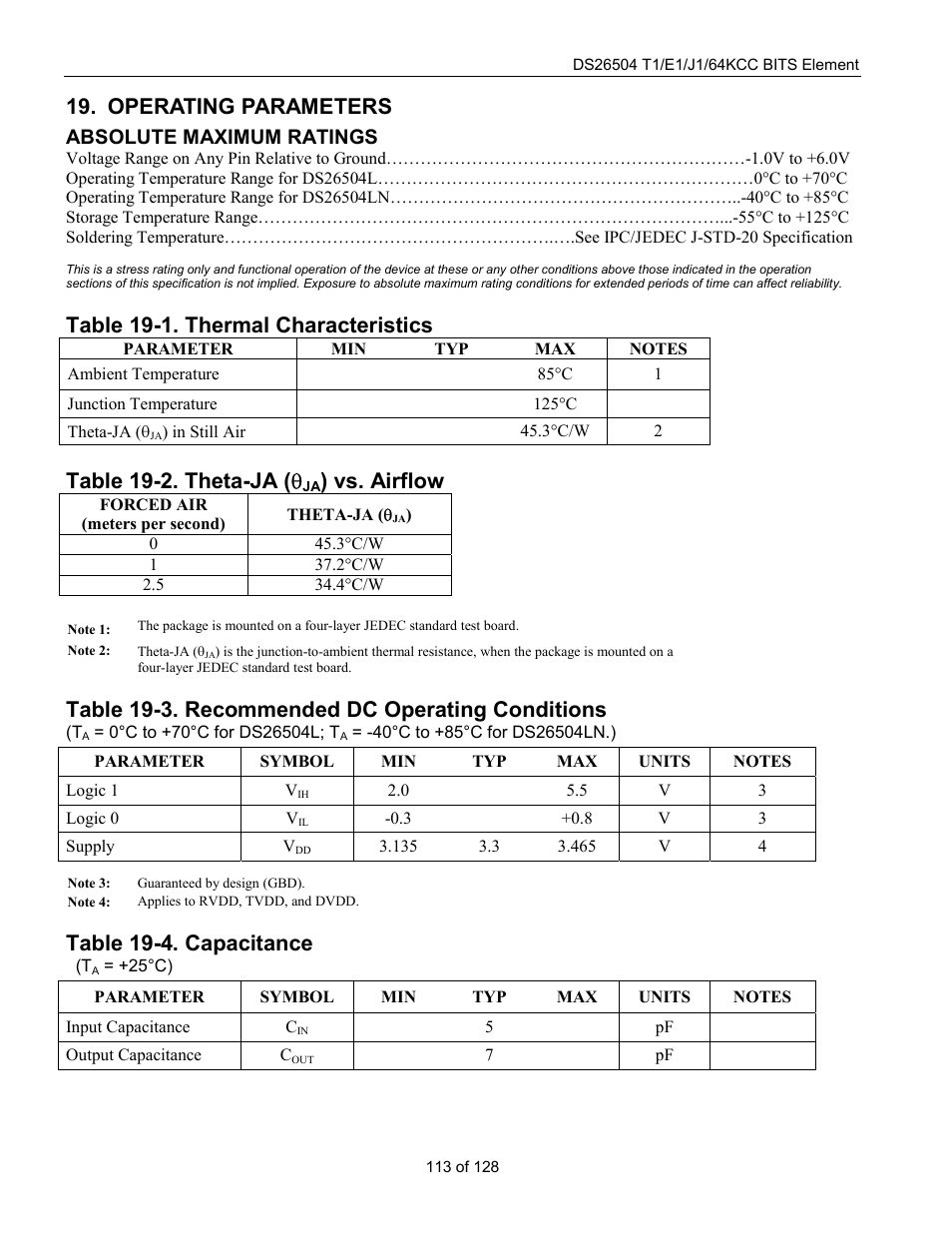 Operating parameters, Table 19-1. thermal characteristics, Table 19-2. theta-ja | Vs. airflow, Table 19-3. recommended dc operating conditions, Table 19-4. capacitance, Table 19-2. theta-ja ( q, Absolute maximum ratings | Rainbow Electronics DS26504 User Manual | Page 113 / 128