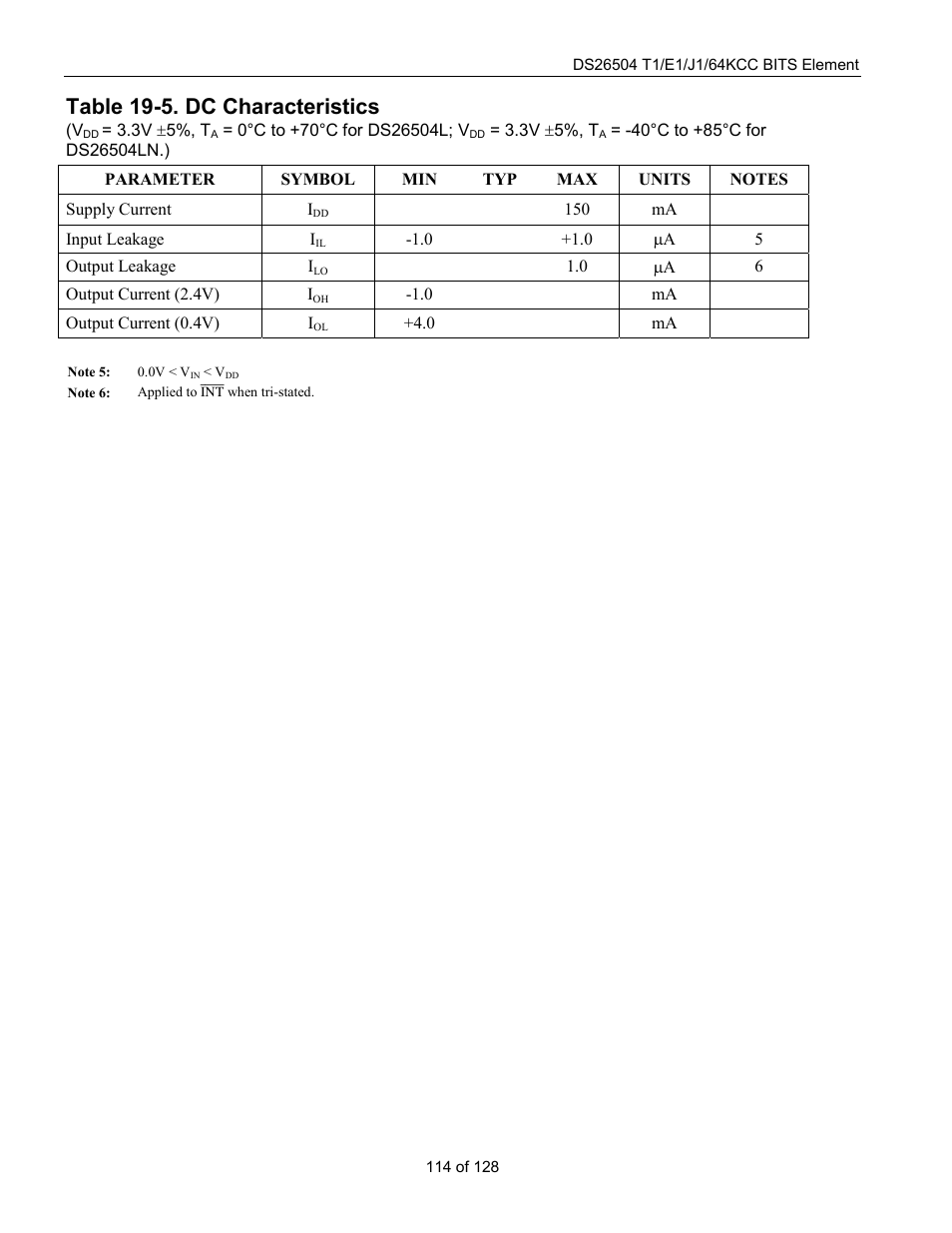 Table 19-5. dc characteristics | Rainbow Electronics DS26504 User Manual | Page 114 / 128