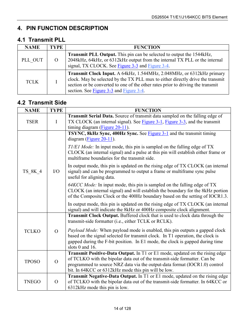 Pin function description, Transmit pll, Transmit side | Ransmit | Rainbow Electronics DS26504 User Manual | Page 14 / 128