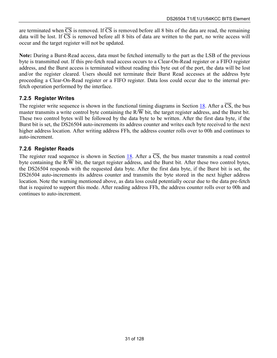 Register writes, Register reads | Rainbow Electronics DS26504 User Manual | Page 31 / 128