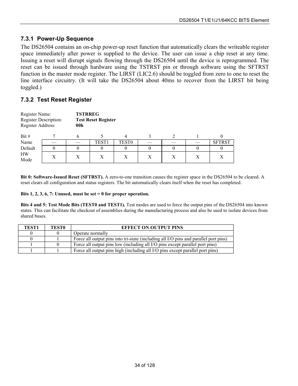 Power-up sequence, Test reset register, Tstrreg | Rainbow Electronics DS26504 User Manual | Page 34 / 128