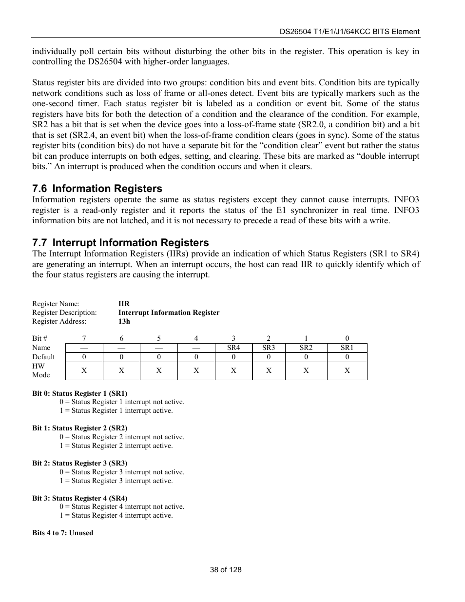 Information registers, Interrupt information registers, Nformation | Egisters, Nterrupt, 6 information registers, 7 interrupt information registers | Rainbow Electronics DS26504 User Manual | Page 38 / 128