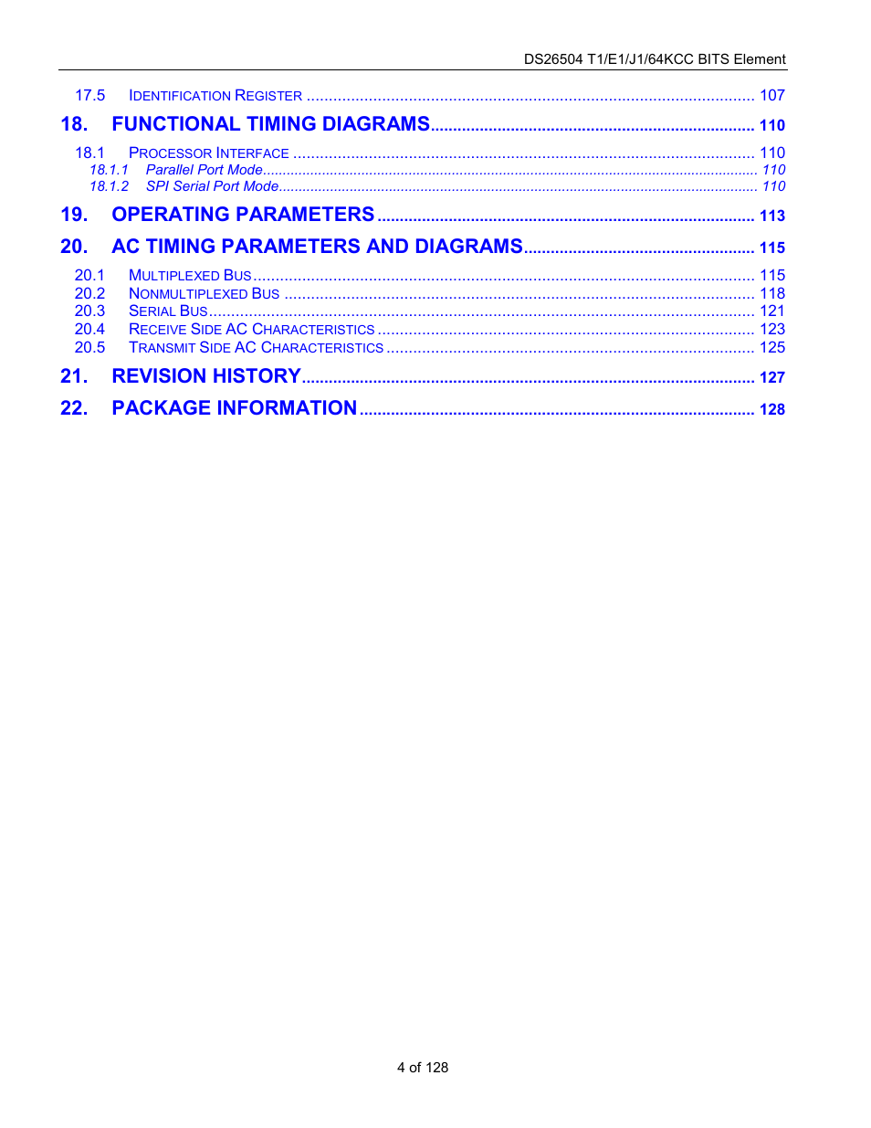 Functional timing diagrams, Operating parameters, Ac timing parameters and diagrams | Revision history, Package information | Rainbow Electronics DS26504 User Manual | Page 4 / 128