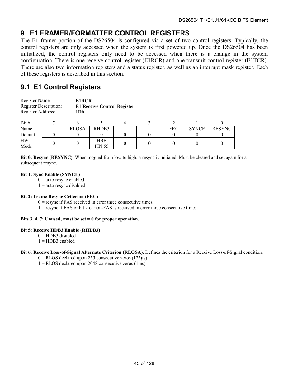 E1 framer/formatter control registers, E1 control registers, E1 c | Ontrol, Egisters, 1 e1 control registers | Rainbow Electronics DS26504 User Manual | Page 45 / 128