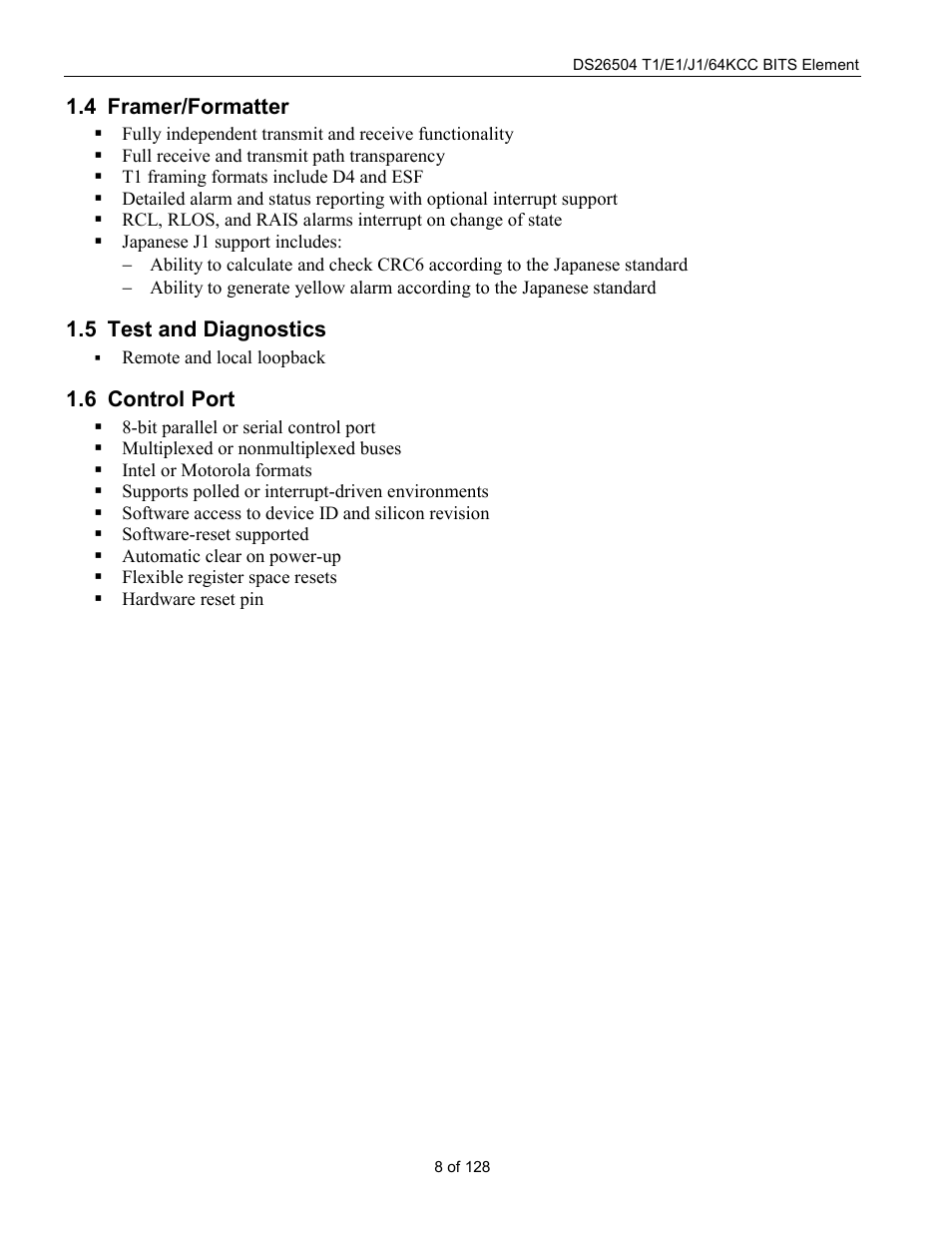 Framer/formatter, Test and diagnostics, Control port | Ramer, Ormatter, Est and, Iagnostics, Ontrol | Rainbow Electronics DS26504 User Manual | Page 8 / 128