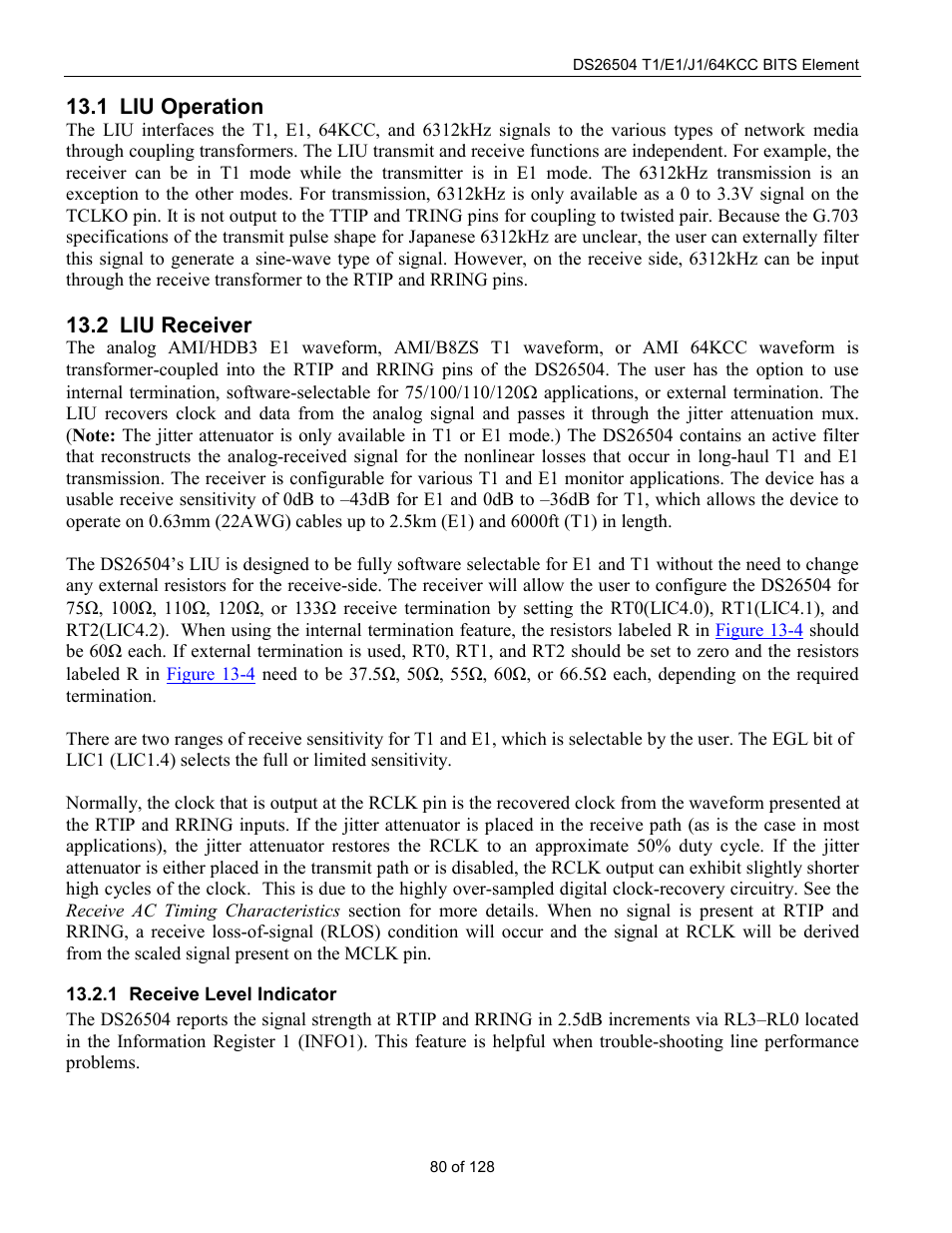 Liu operation, Liu receiver, Receive level indicator | Liu o, Peration, Liu r, Eceiver | Rainbow Electronics DS26504 User Manual | Page 80 / 128