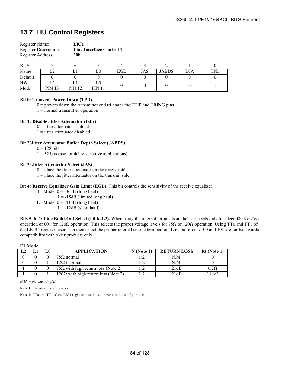 Liu control registers, Liu c, Ontrol | Egisters, 7 liu control registers | Rainbow Electronics DS26504 User Manual | Page 84 / 128