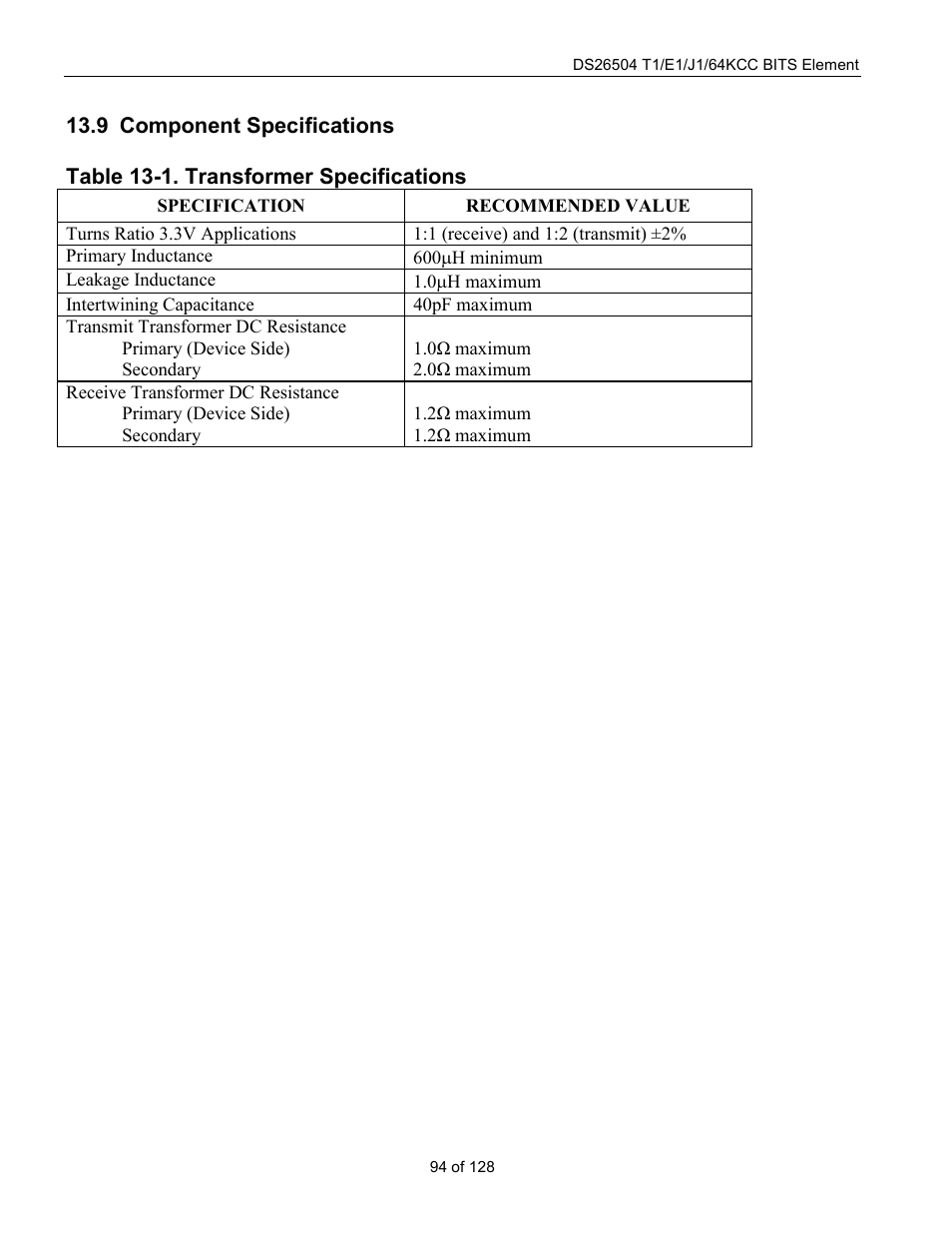 Component specifications, Omponent, Pecifications | Table 13-1. transformer specifications, Table 13-1, The ds26504 has the option of usi | Rainbow Electronics DS26504 User Manual | Page 94 / 128