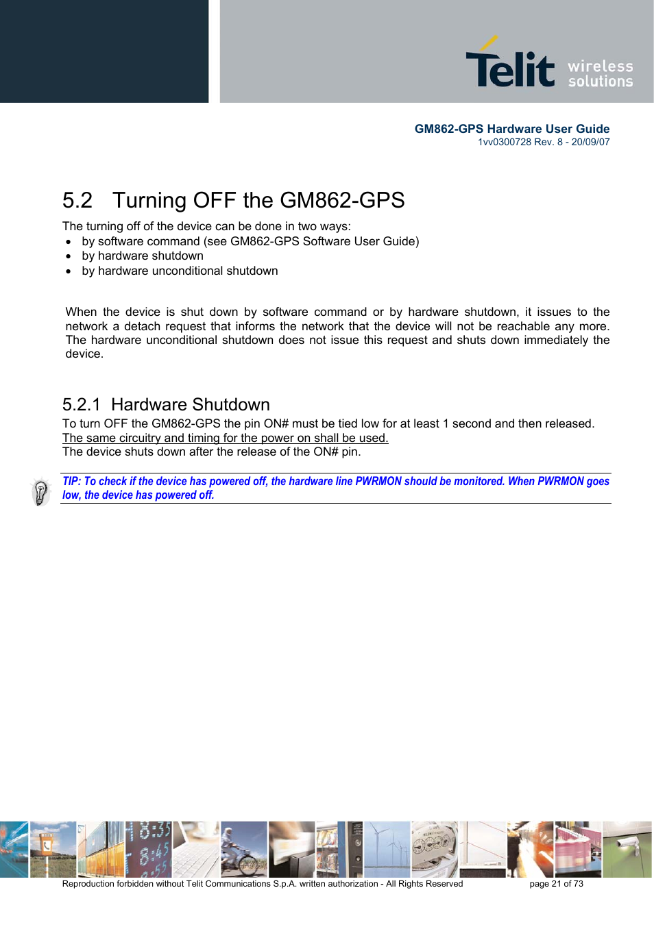 2 turning off the gm862-gps, 1 hardware shutdown | Rainbow Electronics GM862-GPS User Manual | Page 21 / 73