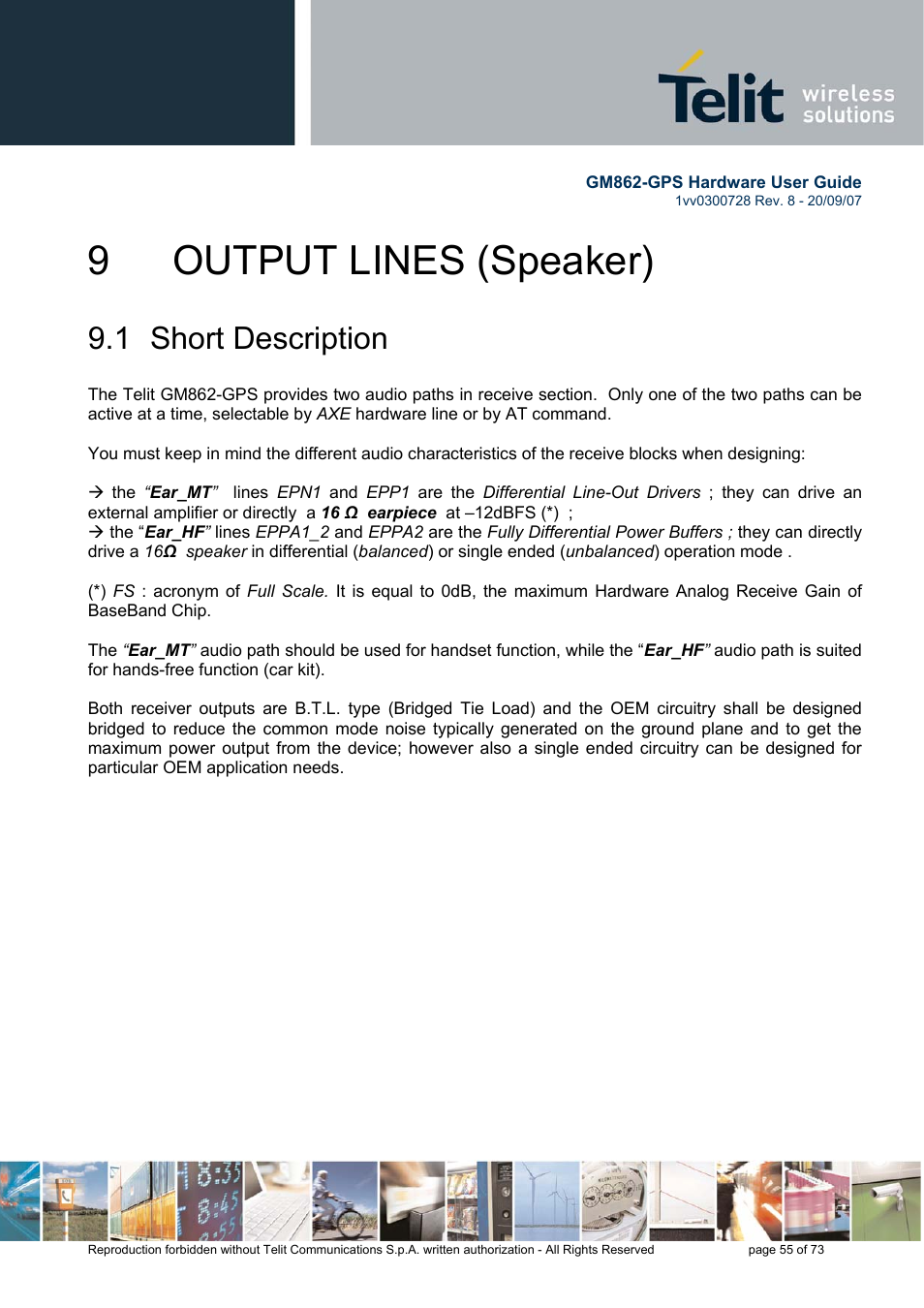 9 output lines (speaker), 1 short description | Rainbow Electronics GM862-GPS User Manual | Page 55 / 73