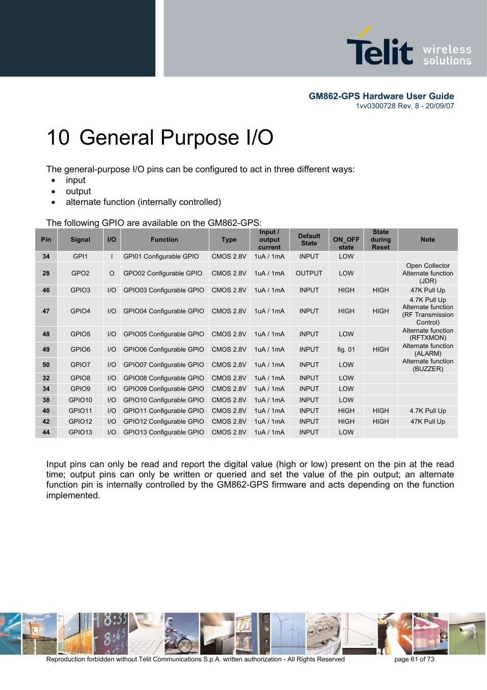 10 general purpose i/o, Gm862-gps hardware user guide | Rainbow Electronics GM862-GPS User Manual | Page 61 / 73