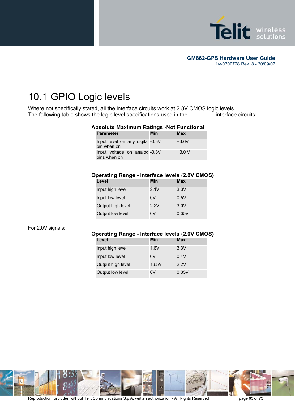 1 gpio logic levels | Rainbow Electronics GM862-GPS User Manual | Page 63 / 73