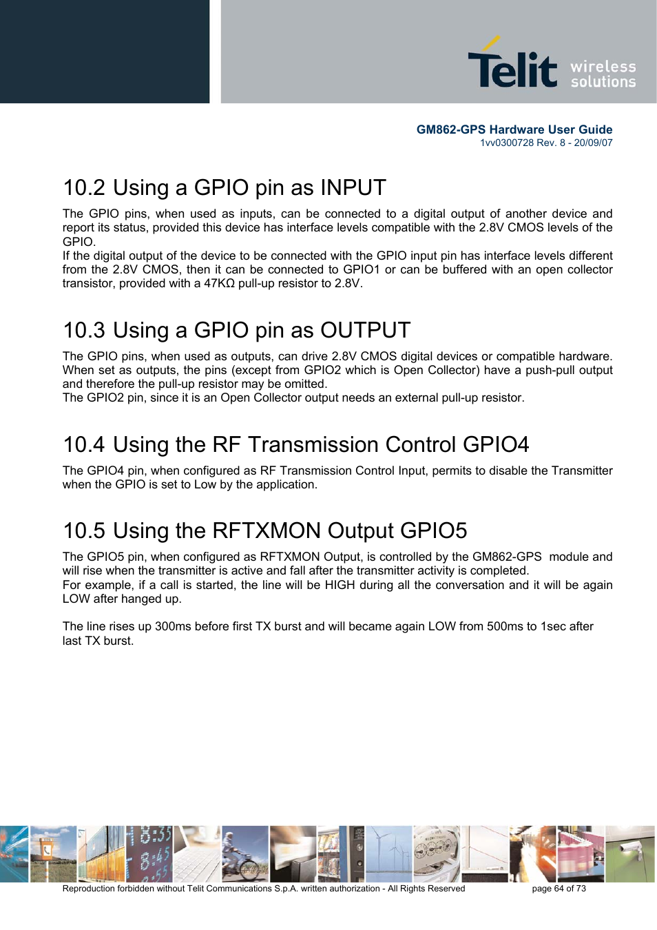 2 using a gpio pin as input, 3 using a gpio pin as output, 4 using the rf transmission control gpio4 | 5 using the rftxmon output gpio5 | Rainbow Electronics GM862-GPS User Manual | Page 64 / 73