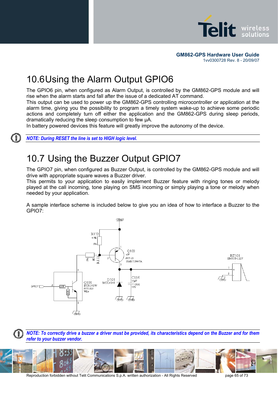 6 using the alarm output gpio6, 7 using the buzzer output gpio7 | Rainbow Electronics GM862-GPS User Manual | Page 65 / 73