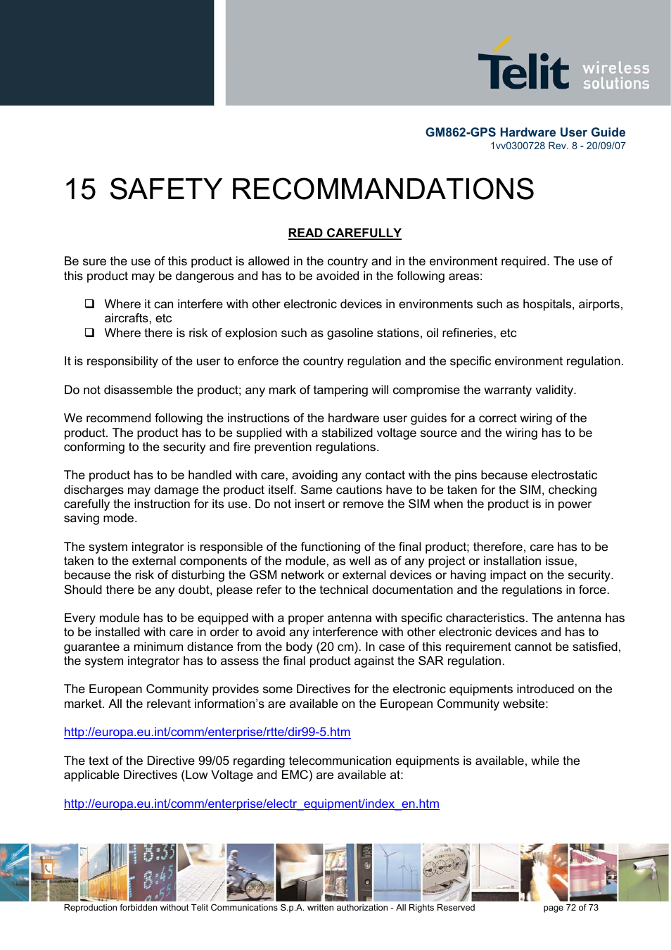 15 safety recommandations | Rainbow Electronics GM862-GPS User Manual | Page 72 / 73