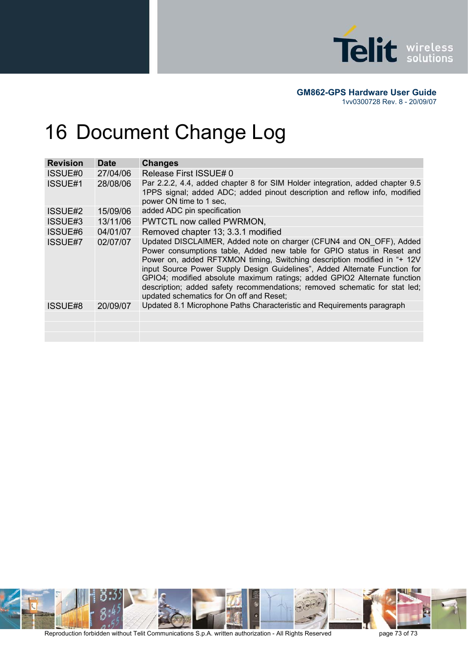 16 document change log | Rainbow Electronics GM862-GPS User Manual | Page 73 / 73