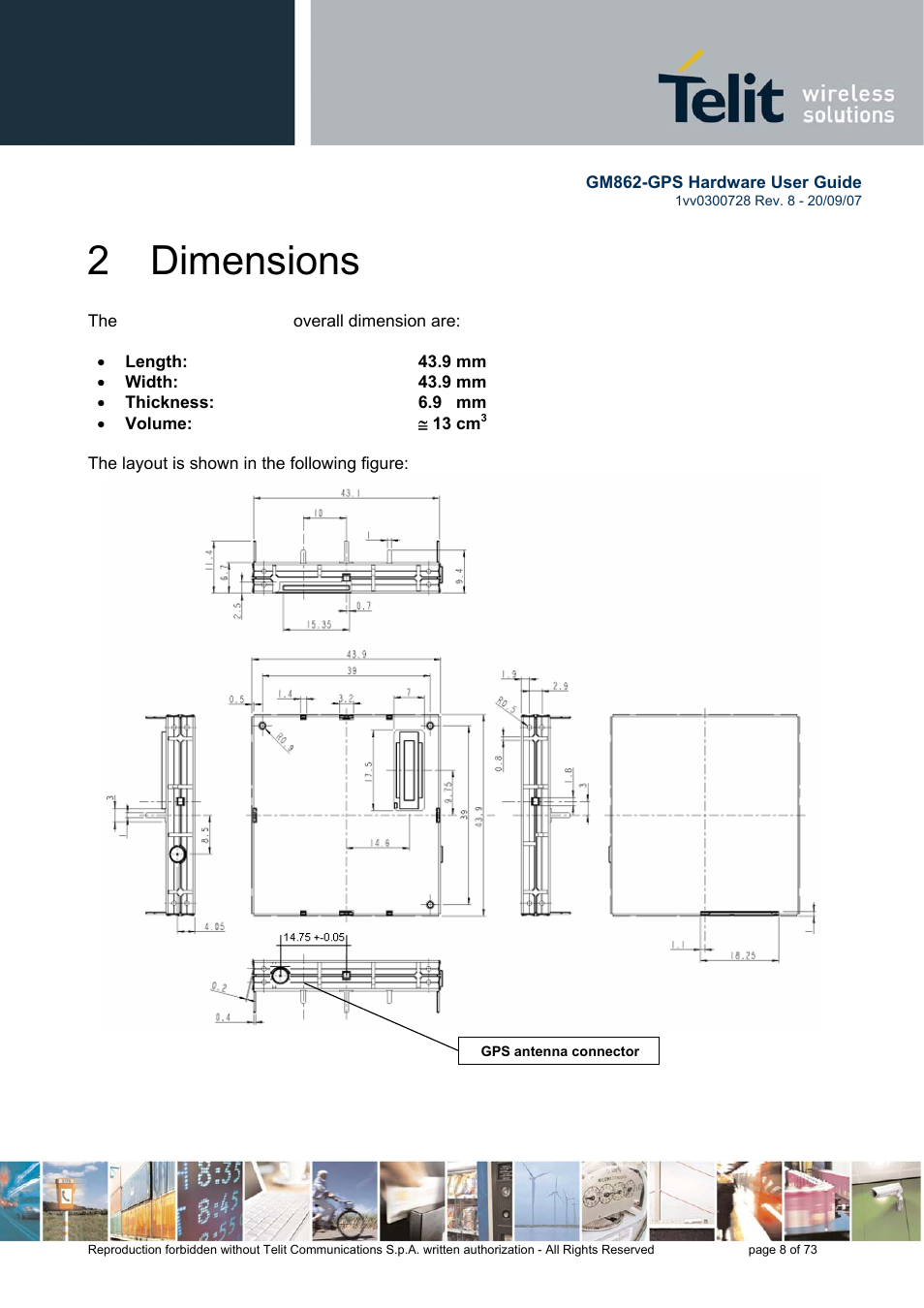 2 dimensions | Rainbow Electronics GM862-GPS User Manual | Page 8 / 73