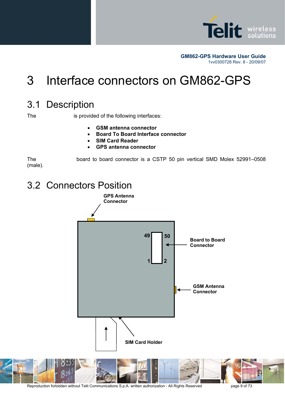 3 interface connectors on gm862-gps, 1 description, 2 connectors position | Rainbow Electronics GM862-GPS User Manual | Page 9 / 73