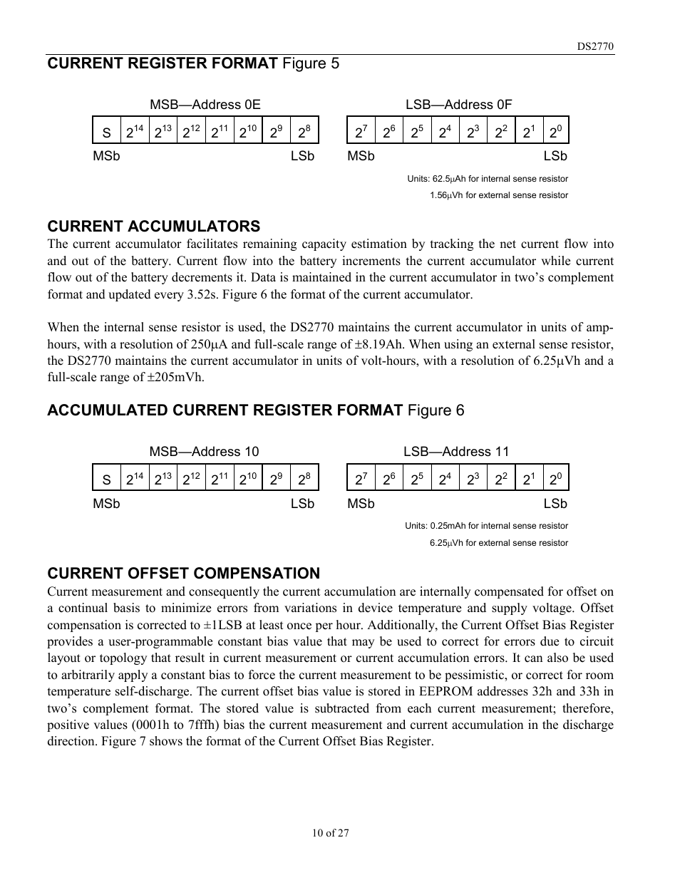 Current register format figure 5, Current accumulators, Accumulated current register format figure 6 | Current offset compensation | Rainbow Electronics DS2770 User Manual | Page 10 / 27