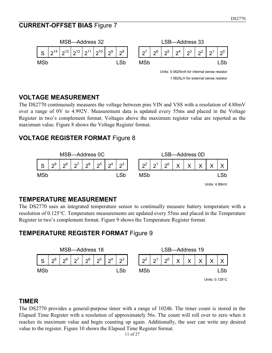 Current-offset bias figure 7, Voltage measurement, Voltage register format figure 8 | Temperature measurement, Temperature register format figure 9, Timer | Rainbow Electronics DS2770 User Manual | Page 11 / 27