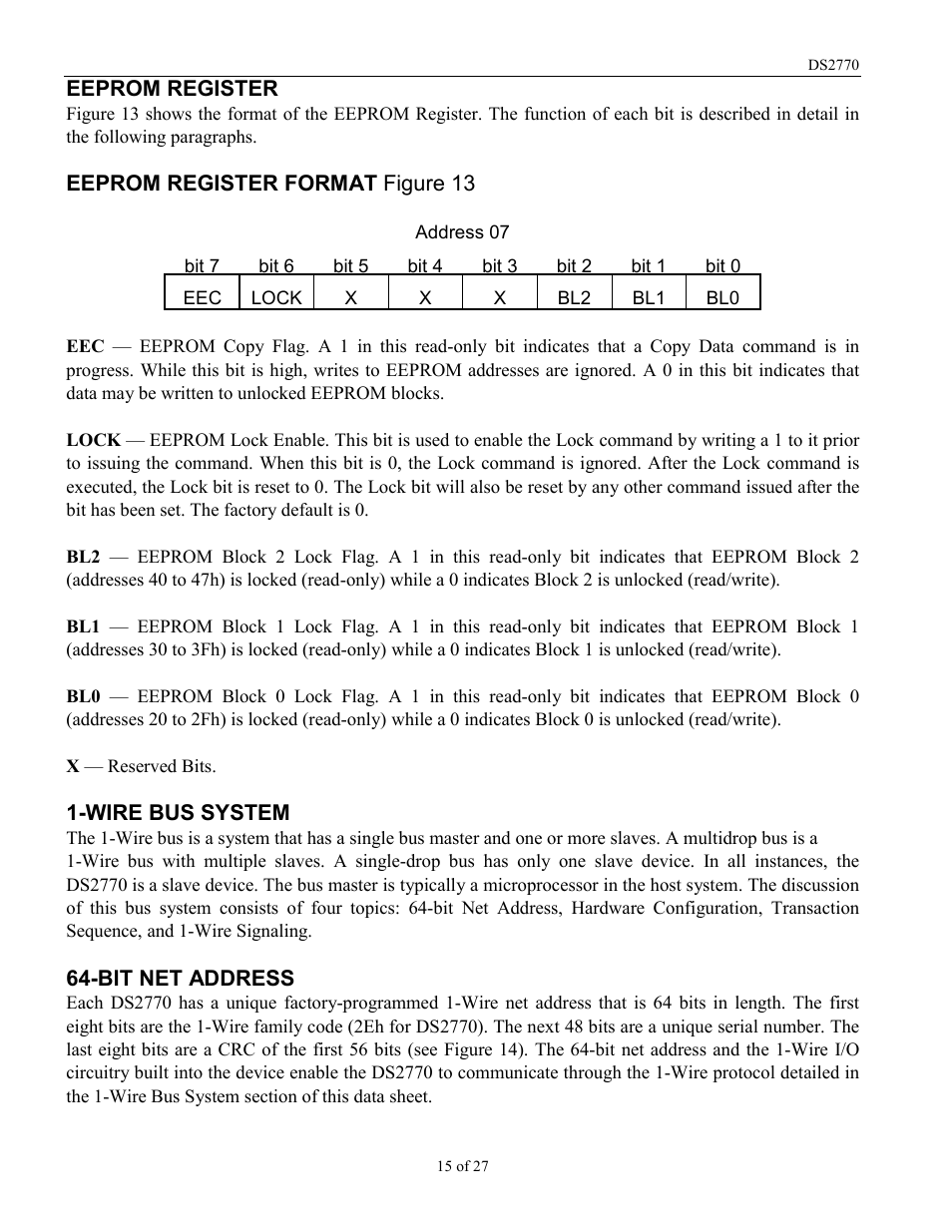 Eeprom register, Eeprom register format figure 13, Wire bus system | Bit net address | Rainbow Electronics DS2770 User Manual | Page 15 / 27