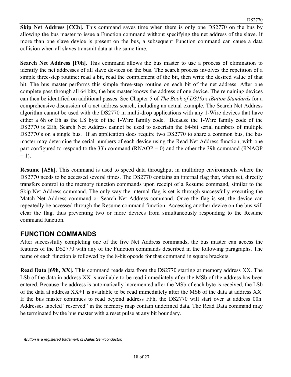Function commands | Rainbow Electronics DS2770 User Manual | Page 18 / 27