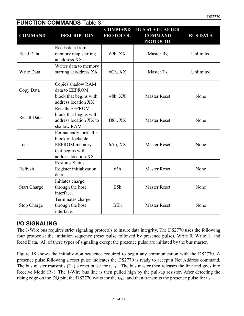 Function commands table 3, I/o signaling | Rainbow Electronics DS2770 User Manual | Page 21 / 27