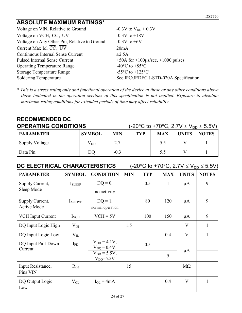 Absolute maximum ratings, Recommended dc operating conditions, Dc electrical characteristics | Rainbow Electronics DS2770 User Manual | Page 24 / 27