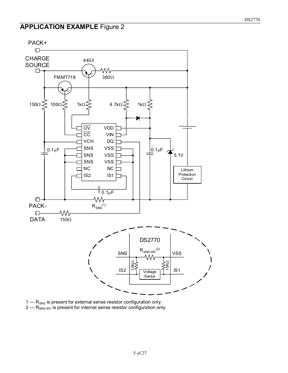 Application example figure 2, Pack+ charge source pack- data, Ds2770 | Rainbow Electronics DS2770 User Manual | Page 5 / 27