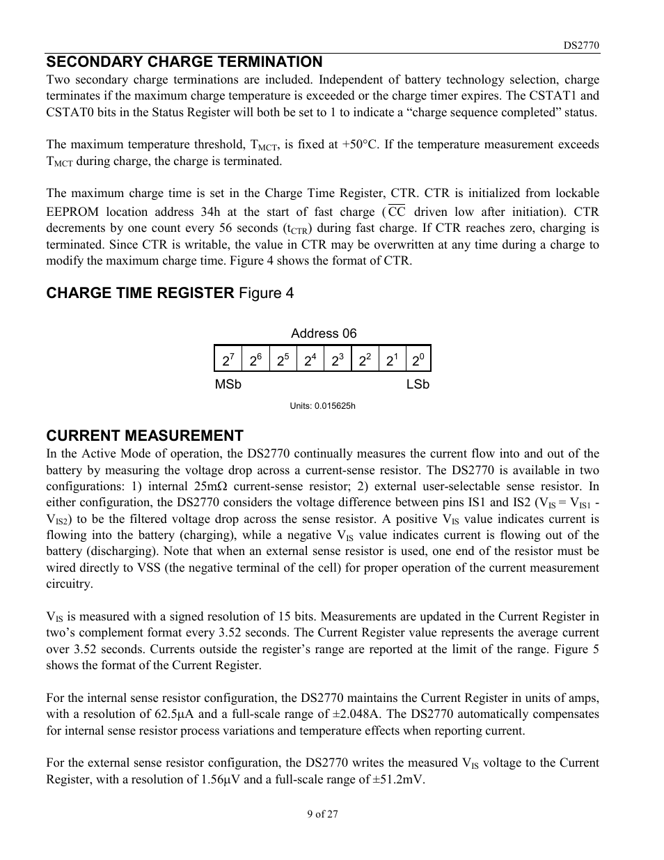 Secondary charge termination, Charge time register figure 4, Current measurement | Rainbow Electronics DS2770 User Manual | Page 9 / 27