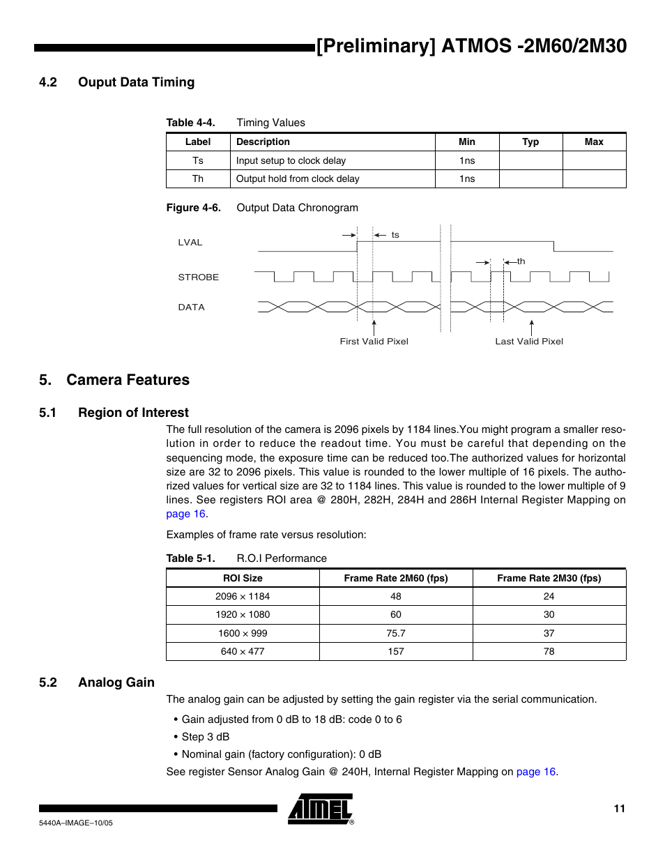 2 ouput data timing, Camera features, 1 region of interest | 2 analog gain | Rainbow Electronics ATMOS™ 2M60 User Manual | Page 11 / 24