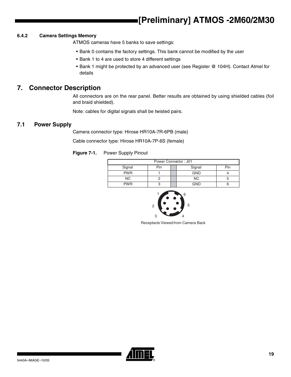 2 camera settings memory, Connector description, 1 power supply | Rainbow Electronics ATMOS™ 2M60 User Manual | Page 19 / 24