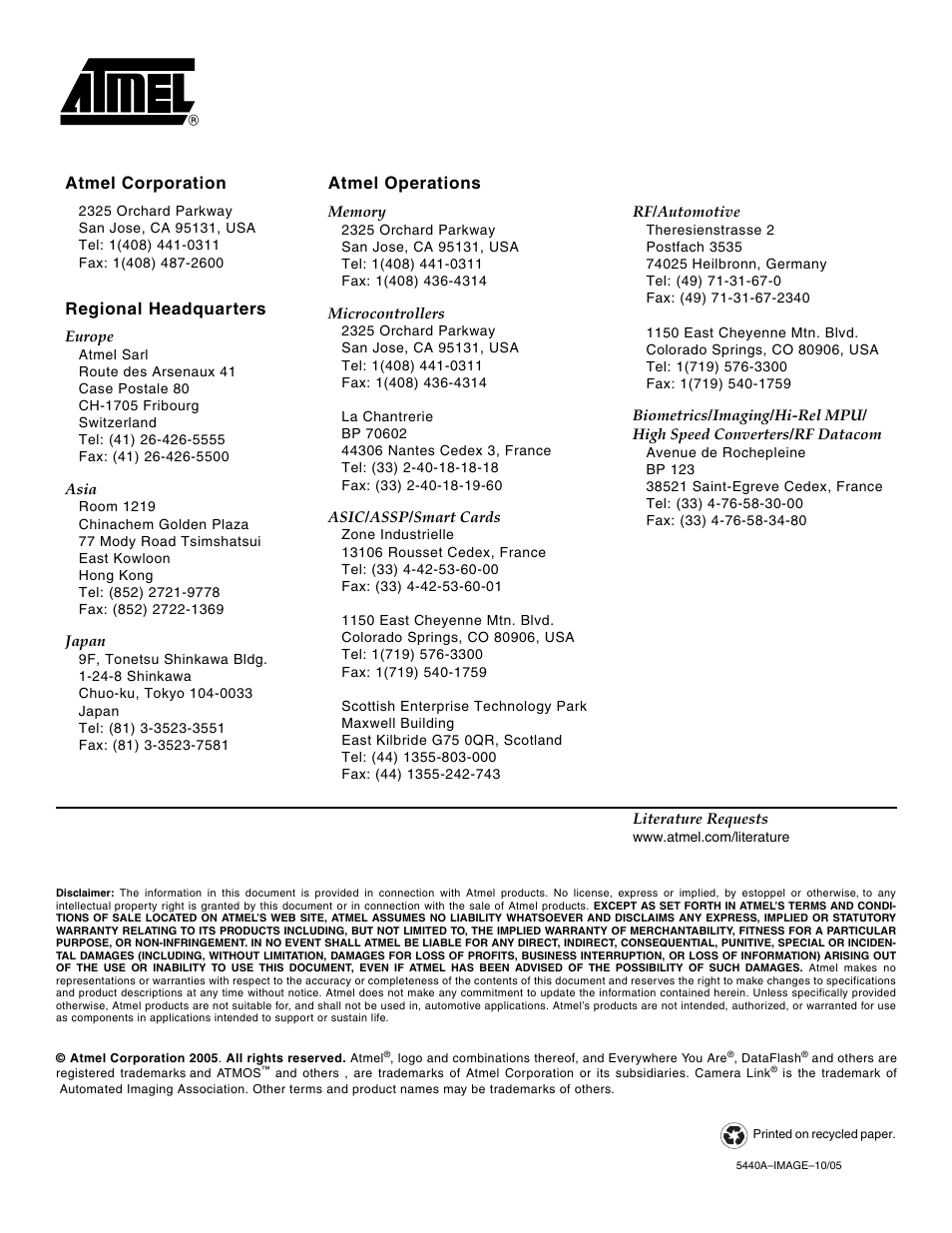 Atmel corporation atmel operations, Regional headquarters | Rainbow Electronics ATMOS™ 2M60 User Manual | Page 24 / 24