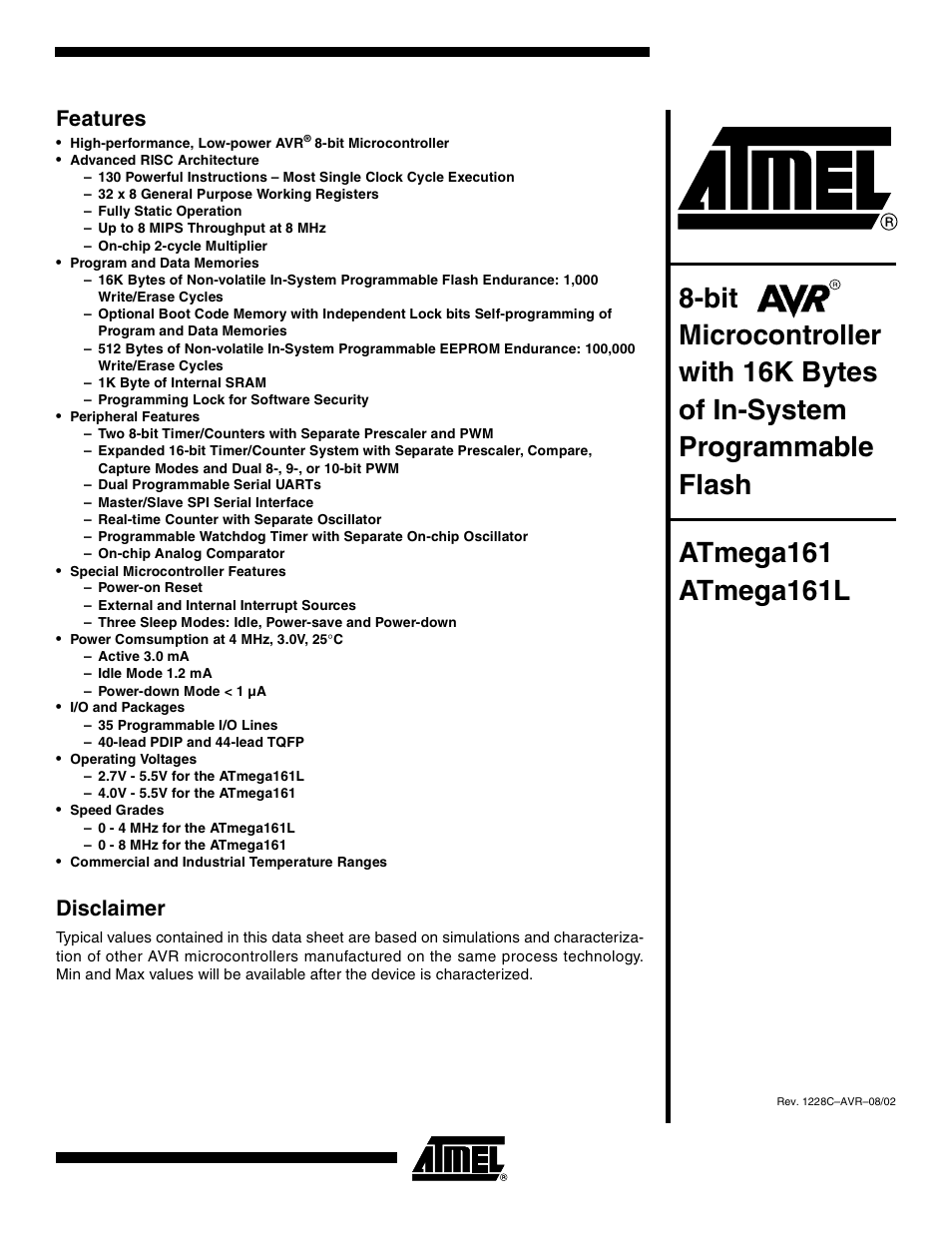 Rainbow Electronics ATmega161L User Manual | 159 pages