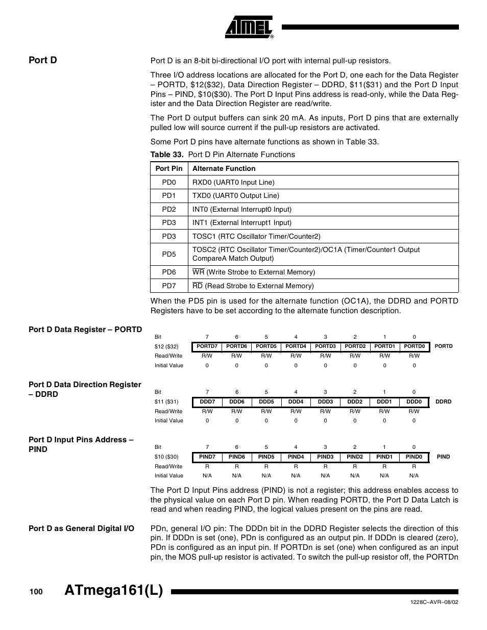 Port d, Port d data register – portd, Port d data direction register – ddrd | Port d input pins address – pind, Port d as general digital i/o, Atmega161(l) | Rainbow Electronics ATmega161L User Manual | Page 100 / 159