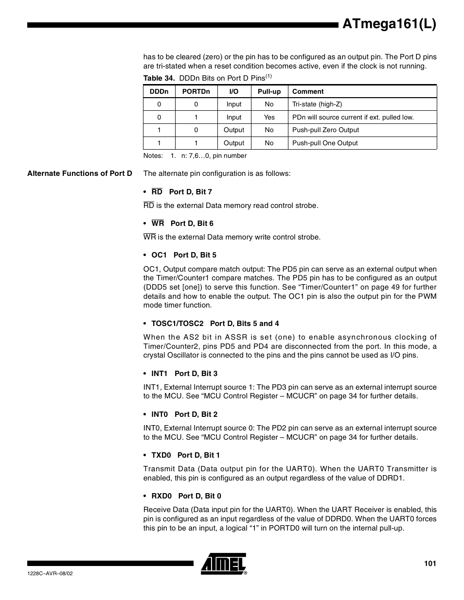 Alternate functions of port d, Atmega161(l) | Rainbow Electronics ATmega161L User Manual | Page 101 / 159