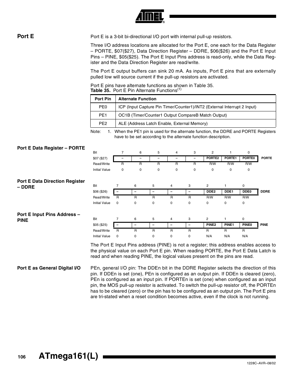 Port e, Port e data register – porte, Port e data direction register – ddre | Port e input pins address – pine, Port e as general digital i/o, Atmega161(l) | Rainbow Electronics ATmega161L User Manual | Page 106 / 159