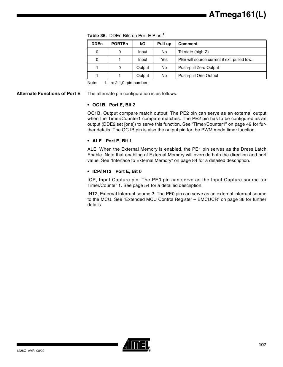 Alternate functions of port e, Atmega161(l) | Rainbow Electronics ATmega161L User Manual | Page 107 / 159