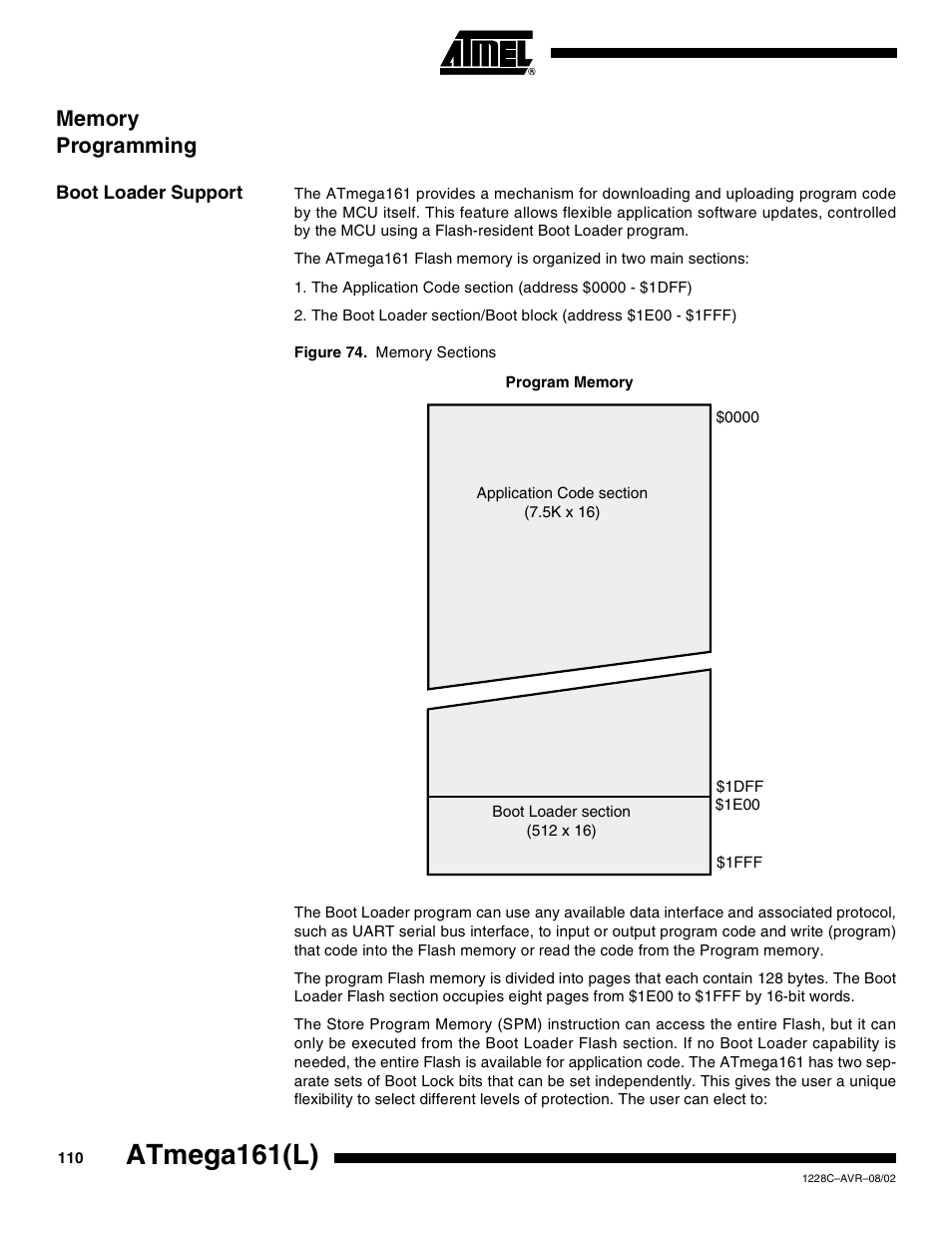 Memory programming, Boot loader support, Atmega161(l) | Rainbow Electronics ATmega161L User Manual | Page 110 / 159