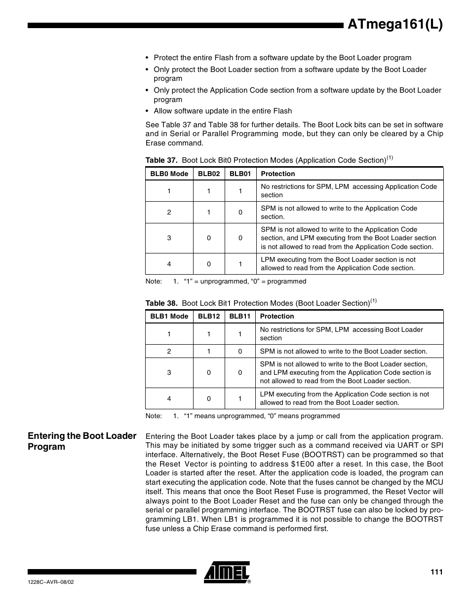 Entering the boot loader program, Atmega161(l) | Rainbow Electronics ATmega161L User Manual | Page 111 / 159
